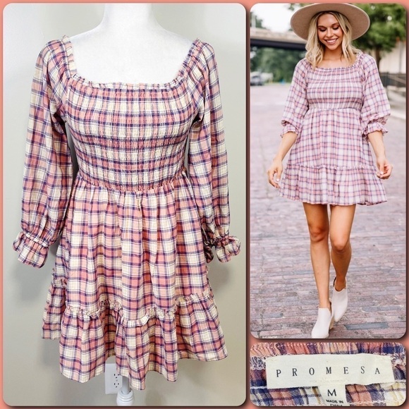 PROMESA Fear Not Plaid Pink & Navy Plaid Smocked Off Shoulder Dress - MEDIUM - Picture 1 of 14